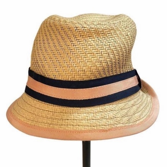 J. Crew Factory Pink Navy Ribbon Panama Straw Hat